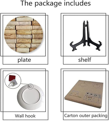 Ceramic Display Plate, Winery Ceramic Hanging Decorative Plate, Different Wine Corks Arranged in Line Collections, 10 Inch, Household Custom Ceramic Plate, Ivory Pale Brown