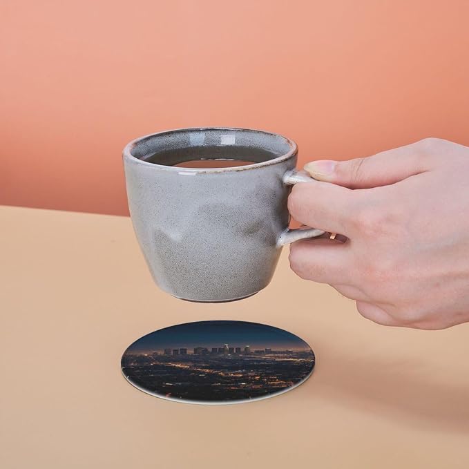 6Pcs PU Leather Coaster for Drinks, Los Angeles Skyline Cup Coasters - Image 5
