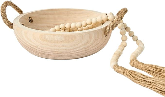 OMISHE Paulownia Wood Bowl, Decorative Bowl for Home Decor, Natural Handmade Dough Wooden Bowl, Rustic Round Serving Bowl with Rope Handle and Wood Bead Garland for Tabletop Centerpiece Decor
