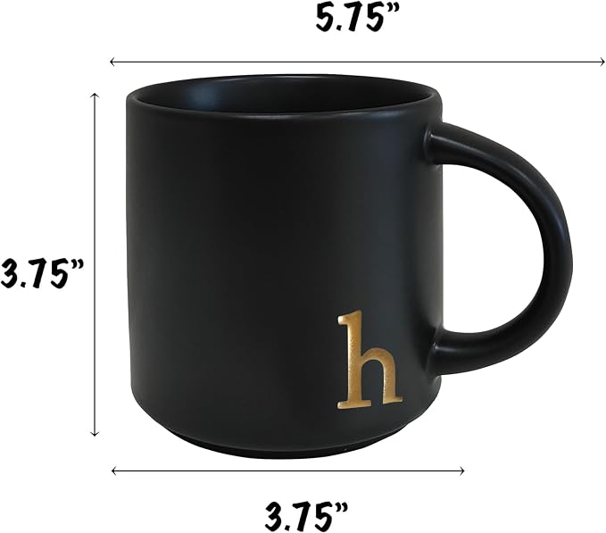 COLLECTIVE HOME Black Ceramic Coffee Mug, 15 oz Golden Monogram Tea Cup | - Image 3