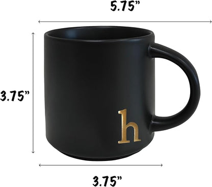 COLLECTIVE HOME Black Ceramic Coffee Mug, 15 oz Golden Monogram Tea Cup | - Image 3