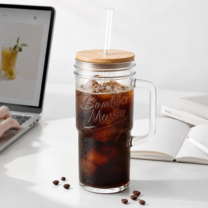 ANOTION Glass Cups with Lids and Straws - 24oz Tumbler with Handle Coffee Cups - Image 7