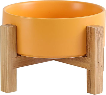 Elevated Ceramic Cat Bowl - Cat Food Bowl with Bamboo Stand - Raised Dog Dish for Puppies - Anti Vomiting, Stress Free - 13.5 oz / 400 ml - Yellow