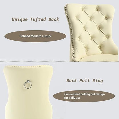 KCC Faux Leather Dining Chairs Set of 2, Upholstered High-end Tufted Dining Room Chair with Nailhead Back Ring Pull Trim Solid Wood Legs, Contemporary Nikki Collection Modern Style for Kitchen, Beige