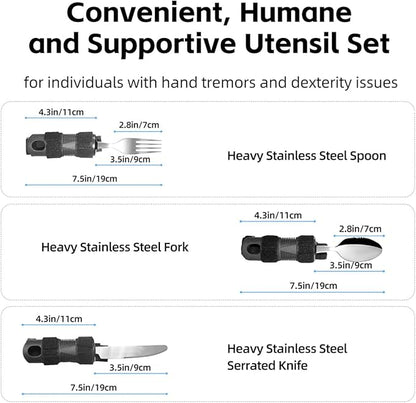 Adaptive Utensil Set for Elderly Parkinsons Stroke Patients, Non-Slip Grip with Hand Strap for Hand Tremors & Muscle Weakness, 3PCS Heavy Stainless Steel Spoon Fork Knife