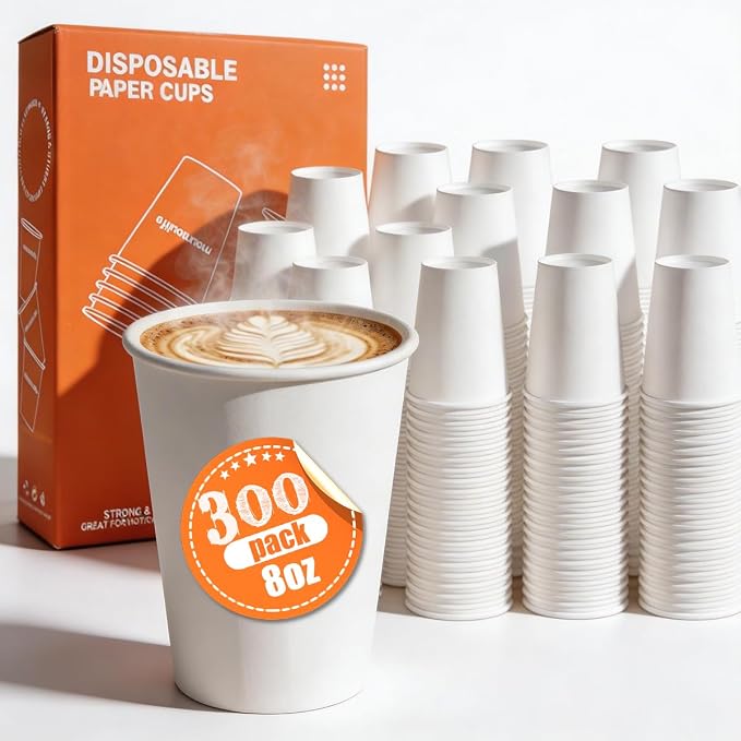 MOUMOULIFE Disposable Paper Coffee Cups 8 oz 300 Count, Leak-Proof Coffee Cups - Image 2