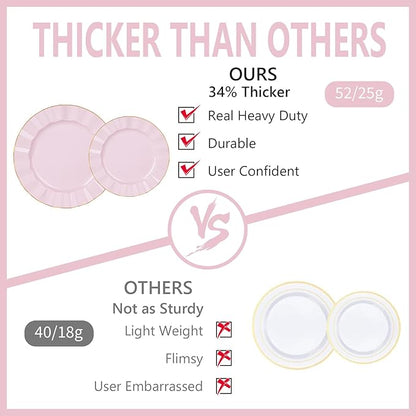 120PCS Pink Plastic Plates, Heavy Duty Disposable Party Plates with Gold Rim, Fancy 60 Dinner & 60 Dessert Plates for Parties and Wedding