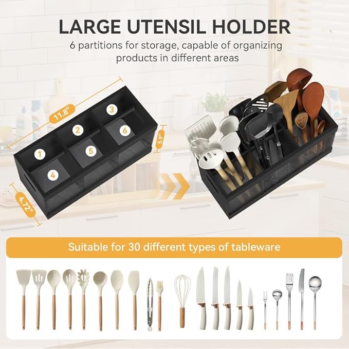 Yofidra Bamboo Utensil Holder & Silverware Organizer: Extra Large Cooking Spoon Holder with Absorbing Drying Stone and 6 Compartments Kitchen Countertop Farmhouse Decor 11.8"X4.7"X5.9" Black