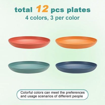12 Pcs Unbreakable Deep Dessert Plates Set, 8 inch Reusable Plastic Wheat Straw Plates, Microwave and Dishwasher Safe Plate for Kitchen, Lightweight Plate for Dessert, BPA Free, 4 Colors
