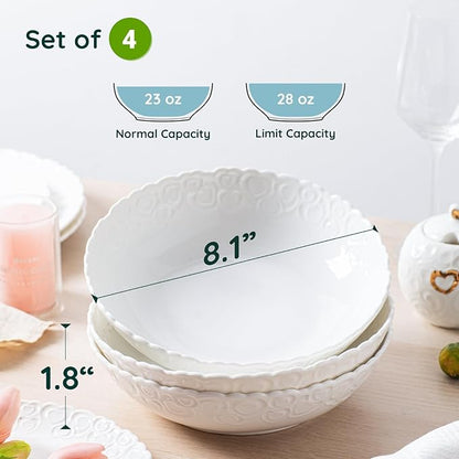 HOMBENE Heartbeat Pasta Bowls Set of 4, 28oz Salad Bowls Soup Bowl for Kitchen, Porcelain Wide and Shallow, Noodle, Soup, Pasta,Dinner, Microwave & Dishwasher Safe (White)