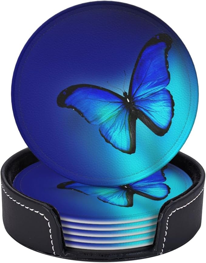 6 Pcs Blue Butterfly Leather Coasters - Image 2