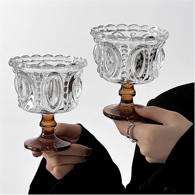 Carnival Glass Vintage Footed Dessert Cups Set of 2, 9oz Embossed Goblet - Image 2