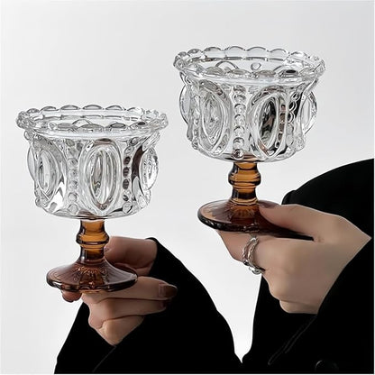 Carnival Glass Vintage Footed Dessert Cups Set of 2, 9oz Embossed Goblet - Image 2