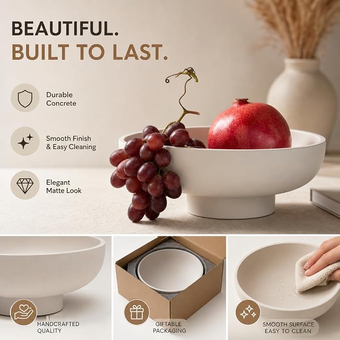 12" Concrete Fruit bowl for Kitchen Counter, Coffee Table Decor, Decorative Key - Image 6