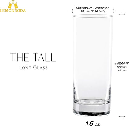LEMONSODA Premium Highball Glass Set - Elegant Tom Collins 15oz Glasses Set of 6 Tall Drinking Water Glasses - Bar Glassware for Cocktail, Mojito, Whiskey (Set of 6)