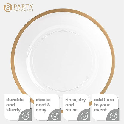 PARTY BARGAINS 13-Inch Charger Plates - 48 Pack, Clear Gold Rim, Heavy-Duty Disposable Chargers for Elegant Dining - Ideal for Weddings and Formal Events