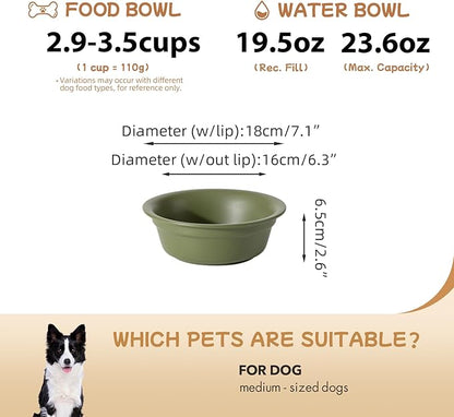 Ceramic 7.1inch Set of 2 Dog Bowls for Medium Dogs, 2pcs Basic 2.5 Cup Food or 24 oz Water Dishes for Replacement, Wide Opening Rounded Edge(2 Bowls, Olive Green)