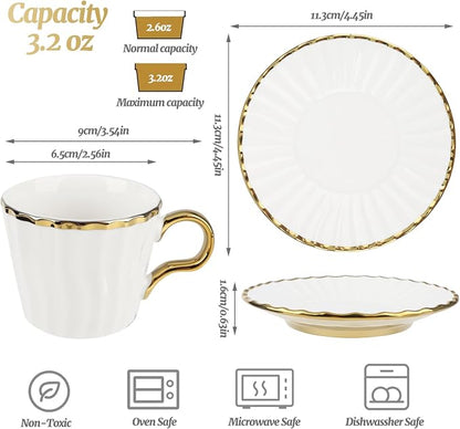 Espresso Cups with Saucers, 3.5 oz Turkish Coffee Cup With Gold Trim, Ceramic - Image 2