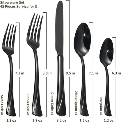 Alata Alice Black Mirror 45-Piece Silverware Set Stainless Steel Flatware Set,Service for 8,Mirror Polished Cutlery Set,Dishwasher Safe