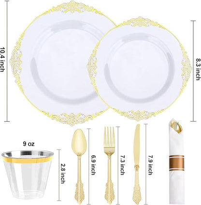 350 PCS White and Gold Plastic Plates, Plastic Dinnerware Set for 50 Guests, 100 Disposable Plates, 150 Silverwares, 50 Cups, 50 Napkins for Party, Wedding, Graduation