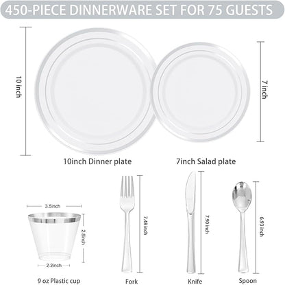 WELLIFE 450 PCS Silver Disposable Dinnerware Set for 75 Guests, Wedding Plates Silver Plastic Plates for Party, Including 75 Dinner Salad Plates, Cups, Forks Knives Spoons for Wedding and Party