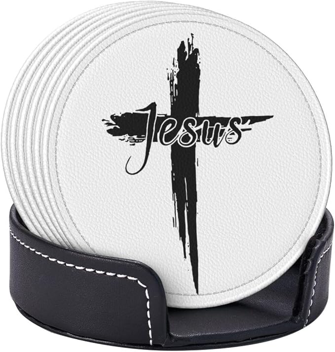 Jesus Cross Coasters for Drinks Set of 6, Round Leather Coaster - Image 8