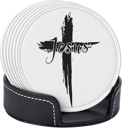 Jesus Cross Coasters for Drinks Set of 6, Round Leather Coaster - Image 8