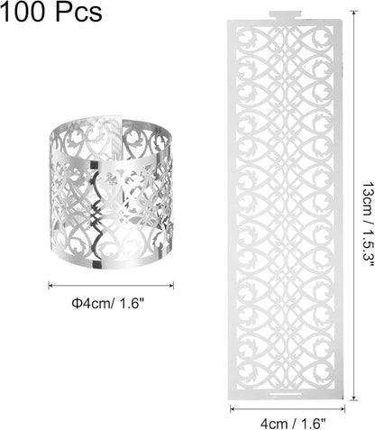 uxcell 100Pcs Napkin Rings Laser Cut Foil Paper, Napkin Holder Hollow Napkin Bands for Weddings Party Serviette Table Decoration Restaurant (Reflective Silver Tone, 5.3 x 1.6)