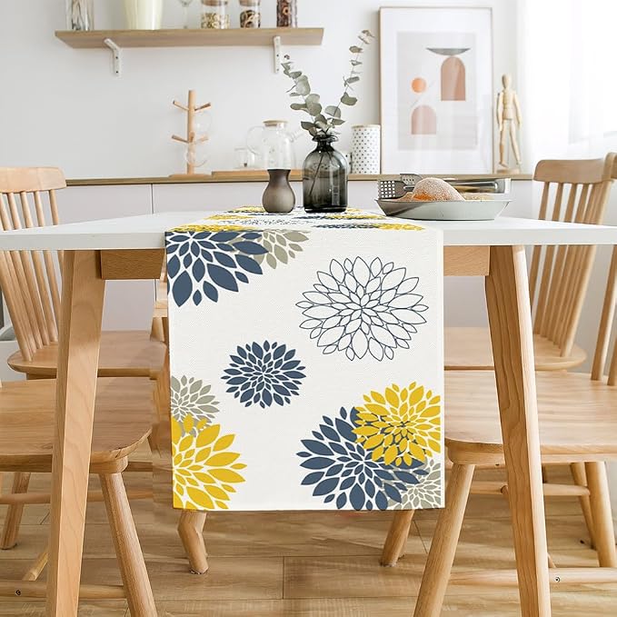 Blue Yellow Gray Table Runner Dahlia Pinnata Flower Beige Table Runners Modern - Image 6