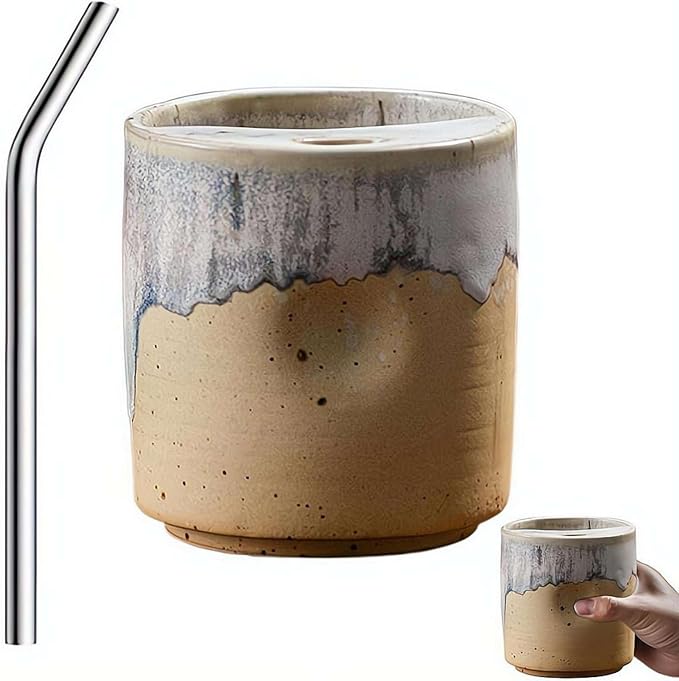 18oz Ceramic Coffee Mug with Sip Lid, Handleless Tumbler in a Vintage Kiln Style by Unknown