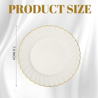 Mifoci 150 Pcs 7.5 Inch Ivory with Gold Rim Plastic Disposable Plates Bulk Salad Dessert Appetizer Cake Plates Elegant Fancy Plastic Tableware for Party Holiday, Wedding, Catering Table Decoration
