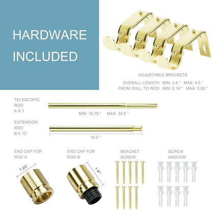 Curtain Rods for Windows 16 to 200 Inches Adjustable Length 1 Inch Diameter Window Curtain Rod with Aluminium Finials, Gold