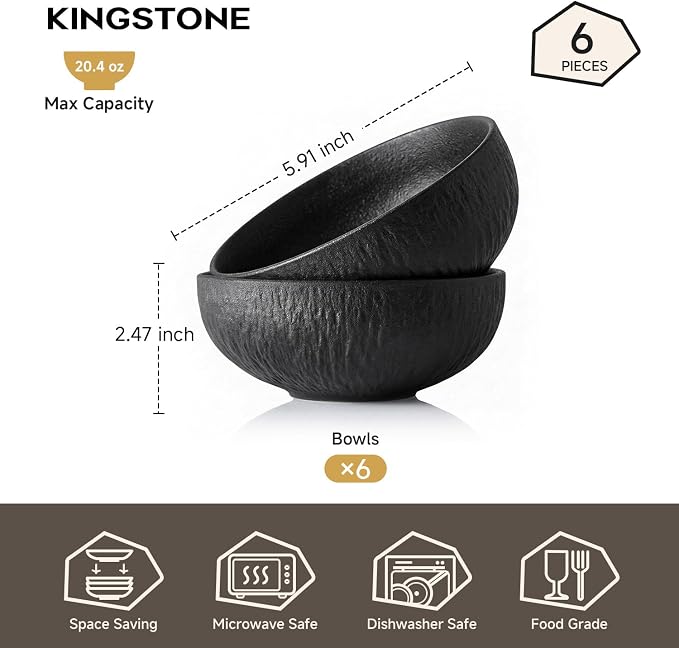 Bowl Set of 6, 20.4 oz Matte Marble Pattern Stoneware Soup Bowls | Black - Image 2