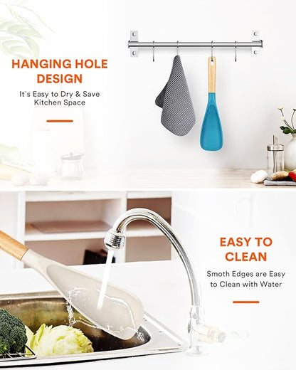 Cooking Spoon for Nonstick Cookwares, Great for Cooking and Serving Sturdy BPA-Free Matte Silicone, Wood Handle Spoon for Mixing, Scoop, and Scrape (Khaki & Turquoise, 11.4 inch)