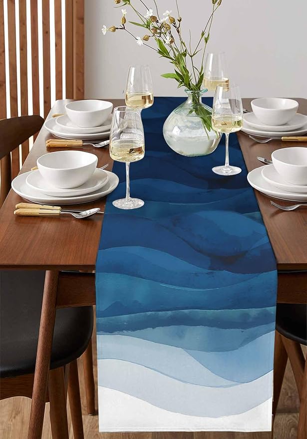 Navy Blue Ombre Table Runners 72 Inches Long, Abstract Modern Stripe Table - Image 2