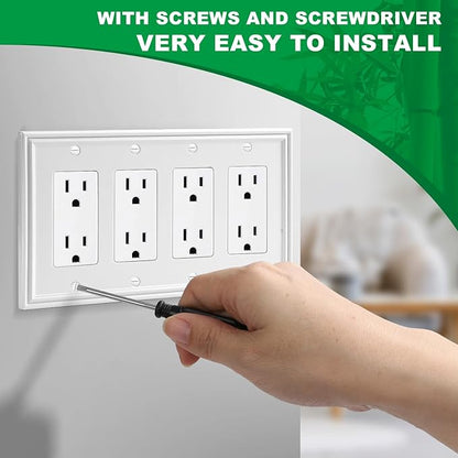 White Decorative Quad Decorator Wall Plate, Natural Material Rocker Switch Plates Outlet Covers for Receptacle, GFCI Outlet, Dimmer Switch - Modern Style (4 Gang Decorator 1 Pack)