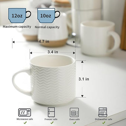 HASENSE Coffee Mugs 12 OZ Ceramic Cups Set of 4, Stackable Embossed Coffee Cups with Rack, Porcelain Coffee Cups for Latte, Cappuccino, Mocha, Cocoa, Americano, Hot Tea and Milk, White