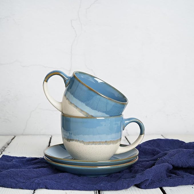 Bosmarlin Ceramic Cappuccino Cup and Saucer Set of 2, 10 Oz, Coffee Cups - Image 6