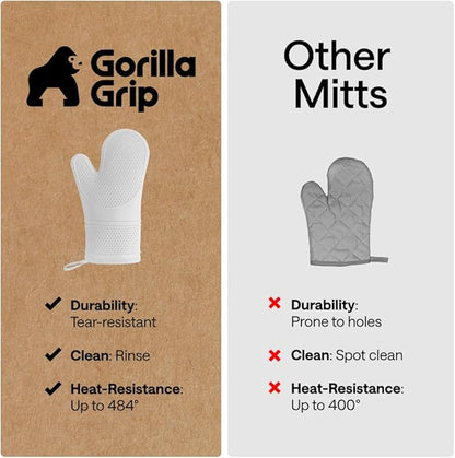GORILLA GRIP BPA-Free Soft Silicone Oven Mitts, Heat Resistant and Waterproof Cooking Gloves, Thick Cotton Lining, Flexible Gripping for Baking Grilling, Kitchen Potholders Set of 2, 12.5x8.3, White