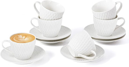 Espresso Cup and Saucer Set of 6, 6 oz Ceramic Cappuccino Barista Cup by fMBB