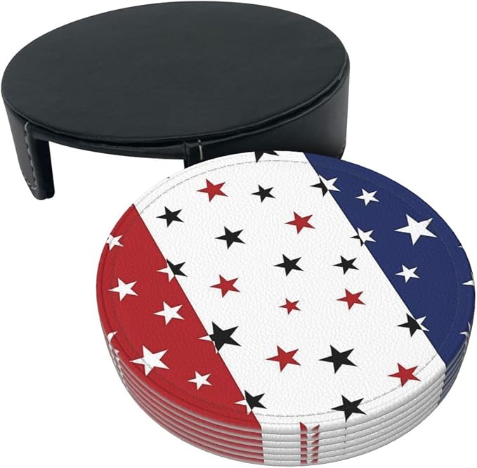 6 Pcs 4th of July Stars Blue Red White Leather Coasters - Image 4