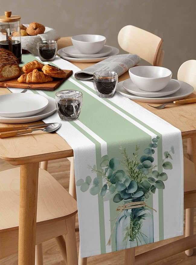 Sage Green Eucalyptus Leaves Table Runners 120 Inches Long, Farmhouse Stripe - Image 3