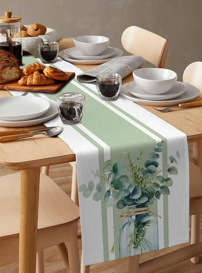 Sage Green Eucalyptus Leaves Table Runners 120 Inches Long, Farmhouse Stripe - Image 3