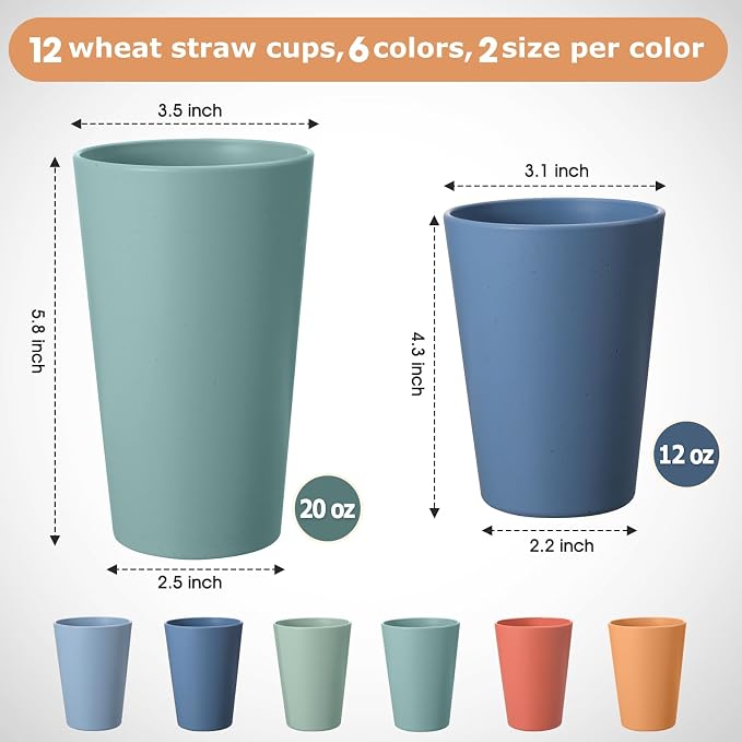 HEYCOME Set of 12 Wheat Straw Cups, Reusable Plastic Cups Sets - Image 2