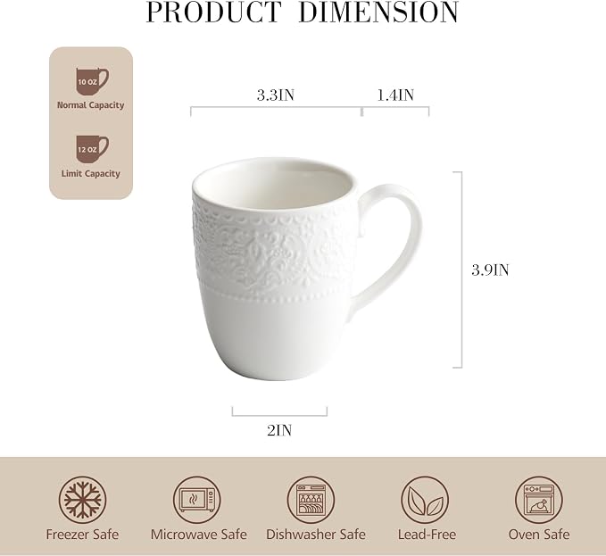 Porcelain Mug Set of 6, 12 oz White Coffee Cups | Relief sculpture bone design; - Image 2