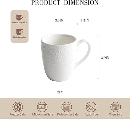 Porcelain Mug Set of 6, 12 oz White Coffee Cups | Relief sculpture bone design; - Image 2