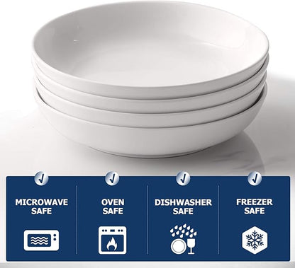 Y YHY Pasta Bowls 32oz, Ceramic Large Salad Serving Bowls, White Pasta Bowls Set, Shallow Soup Bowl Set of 4, Microwave & Dishwasher Safe