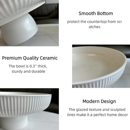 Ceramic Fruit Bowl,11" Decorative Bowl, Large Fruit Bowl for Kitchen Counter, Pedestal Bowl, Kitchen Counter Décor, Bread Candy Snacks Organizer, White (5.3 lbs, 68oz)
