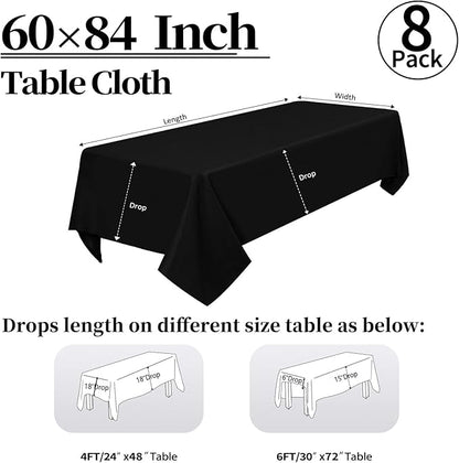 8 Pack Black Tablecloths 60 x 84 Inch Rectangular Table Cloth for 4 Foot Rectangle Tables, Wrinkle Resistant Washable Rectangle Fabric Table Covers for Wedding Party Banquet Buffet and Camping