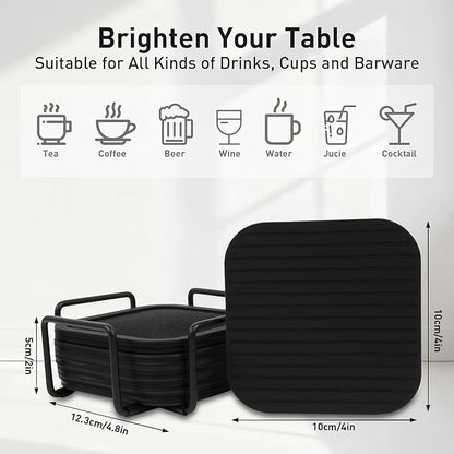Lexenic Absorbent Coasters with Holder, Silicone Coasters Set of 6 with Removable Felt Insert, Cup Coaster for Drinks, Easy Grip, Tabletop Protection, Home Decor Coaster for Coffee Table,Bar & Kitchen